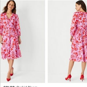 Ann Taylor NWT floral ruffle midi dress. Beautifully made, lined, sheer sleeves.